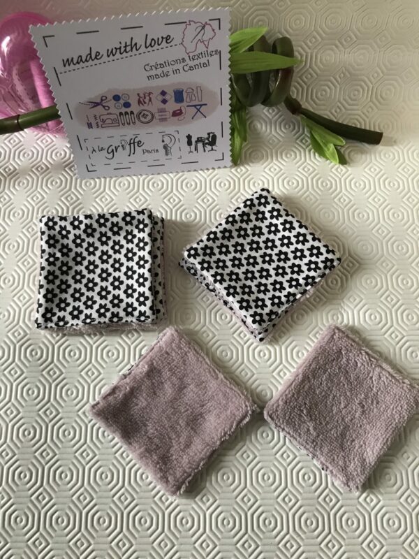 Lot de 7 Lingettes démaquillantes lavables bi matière bambou rose poudré et coton motif noir et blanc – Image 3