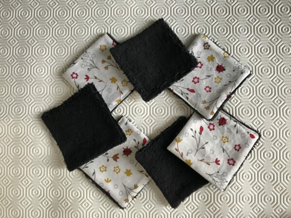 Lot de 7 Lingettes démaquillantes lavables bi matière bambou noir et coton motif Lisbug coccinelle