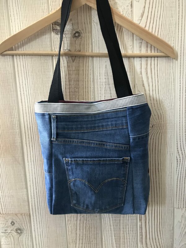 Petit Sac en jean bicolore rouge grenat et blue jean avec anses – Image 2