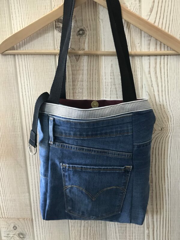 Petit Sac en jean bicolore rouge grenat et blue jean avec anses – Image 3