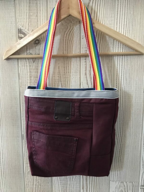 Petit Sac Licorne anses arc en ciel en jean bicolore rouge grenat et jean bleu – Image 6